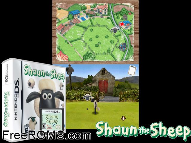 Shaun the Sheep NDS game showing 3D box cover and gameplay screenshot