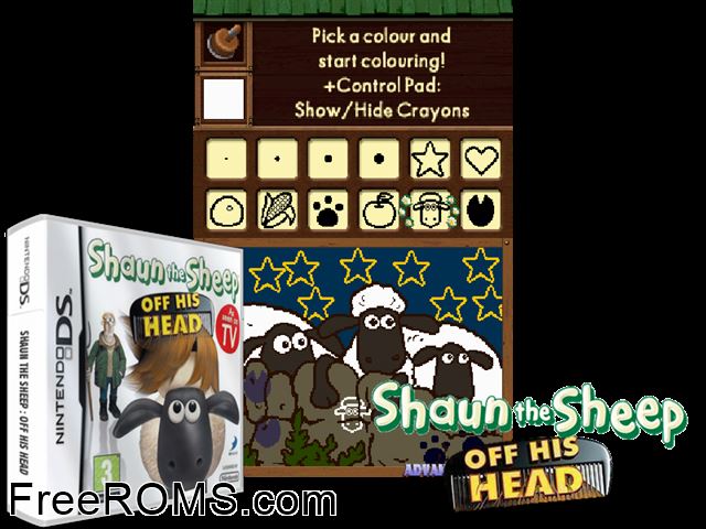 Shaun the Sheep - Off His Head Europe NDS game showing 3D box cover and gameplay screenshot