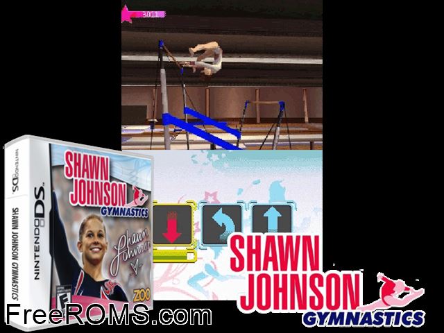 Shawn Johnson Gymnastics NDS game showing 3D box cover and gameplay screenshot