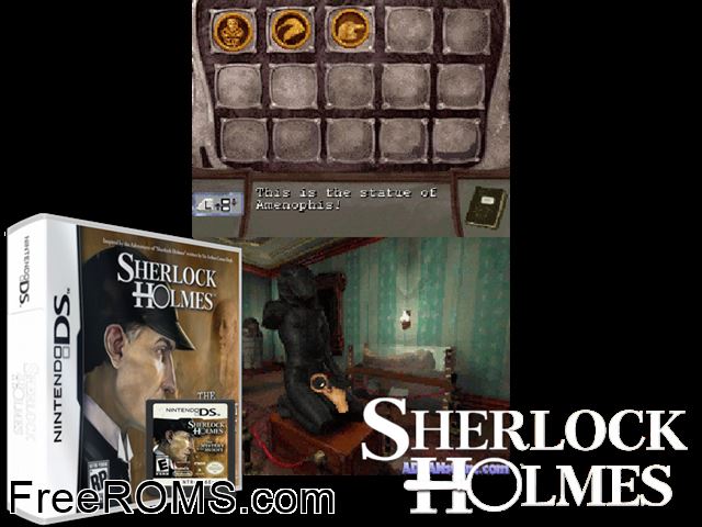 Sherlock Holmes - The Mystery of the Mummy NDS game showing 3D box cover and gameplay screenshot