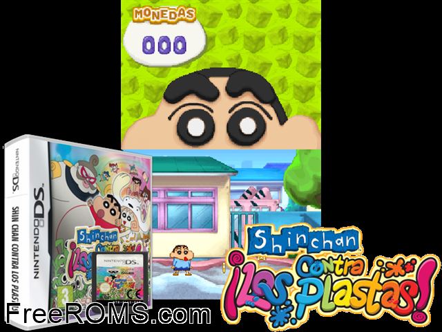 Shin Chan - Contra los Plastas NDS game showing 3D box cover and gameplay screenshot