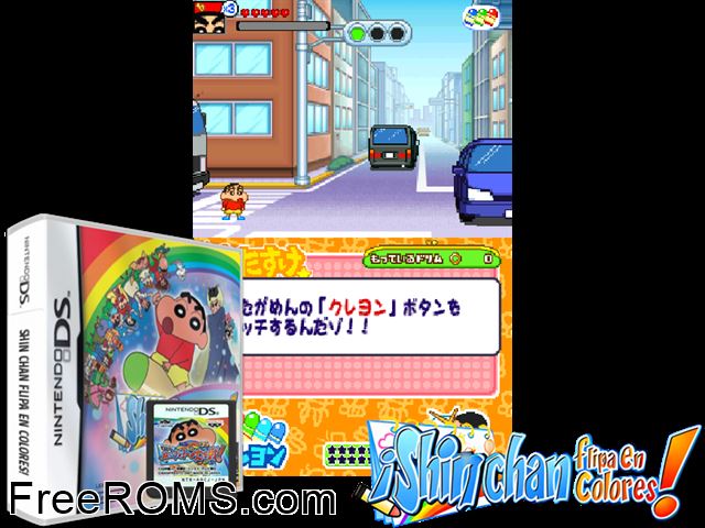 Shin chan e i Colori Magici! Italy NDS game showing 3D box cover and gameplay screenshot