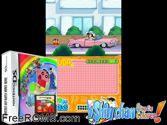 Shin Chan Flipa en Colores NDS game showing 3D box cover and gameplay screenshot