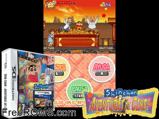 Shinchan iAventuras de Cine! NDS game showing 3D box cover and gameplay screenshot