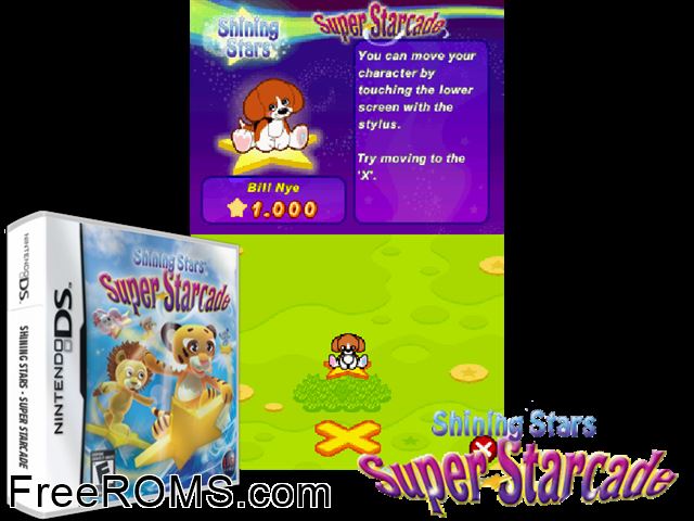 Shining Stars - Super Starcade Europe NDS game showing 3D box cover and gameplay screenshot