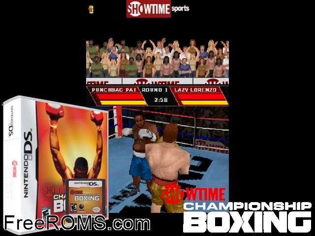 Showtime Championship Boxing Europe NDS game showing 3D box cover and gameplay screenshot