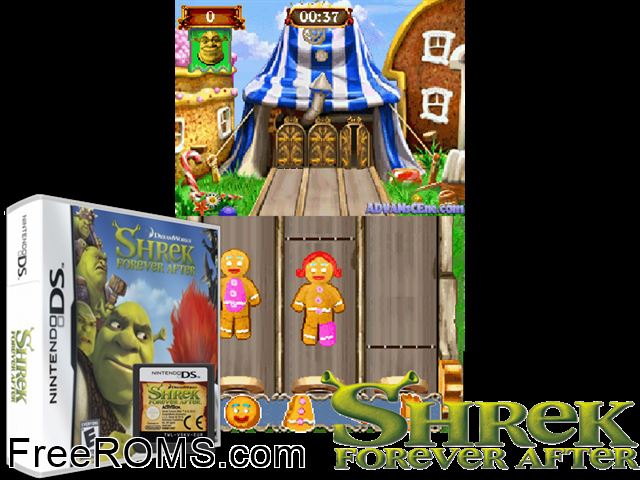 Shrek - Forever After NDS game showing 3D box cover and gameplay screenshot
