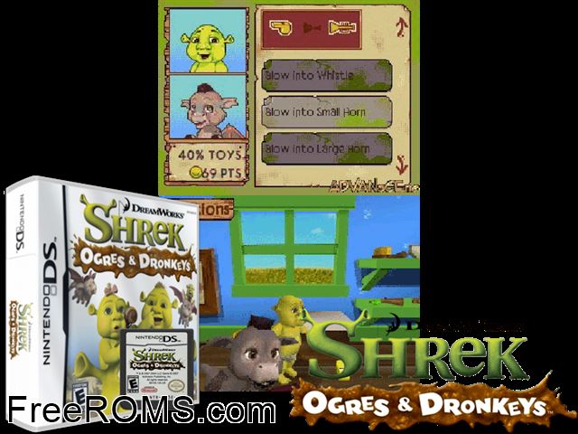 Shrek - Oger und Dresel Germany NDS game showing 3D box cover and gameplay screenshot