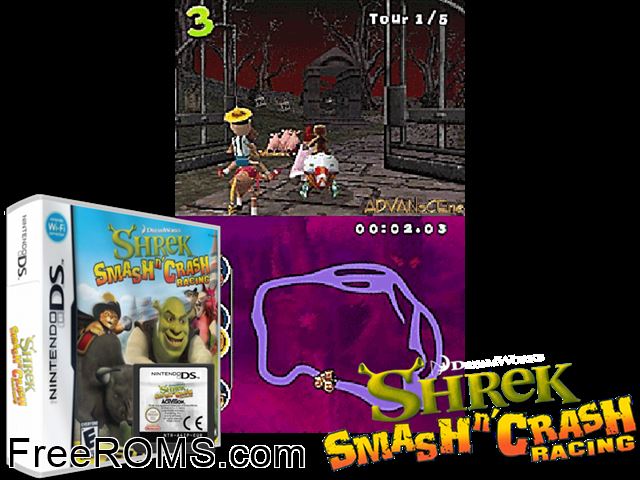 Shrek - Smash n Crash Racing NDS game showing 3D box cover and gameplay screenshot
