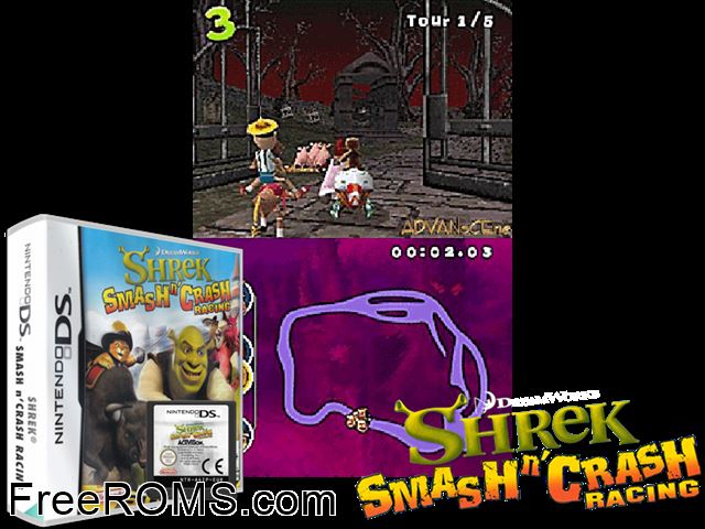 Shrek - Smash n Crash Racing Europe NDS game showing 3D box cover and gameplay screenshot