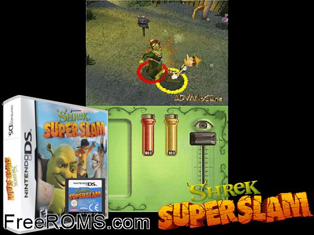 Shrek - Super Slam NDS game showing 3D box cover and gameplay screenshot
