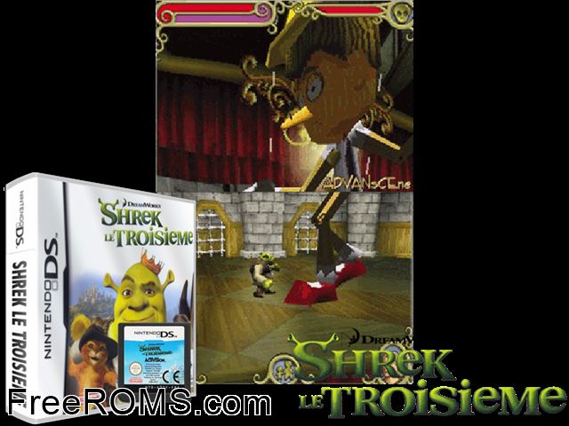 Shrek le Troisieme France NDS game showing 3D box cover and gameplay screenshot