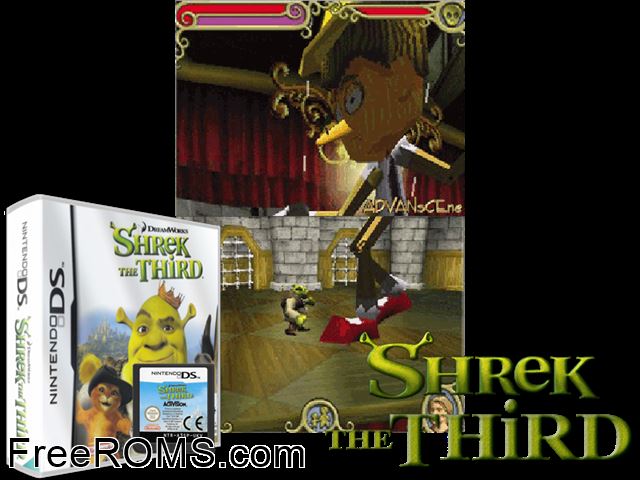 Shrek the Third Europe NDS game showing 3D box cover and gameplay screenshot