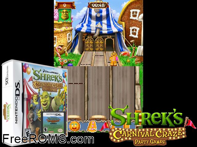 Shreks Carnival Craze - Party Games NDS game showing 3D box cover and gameplay screenshot