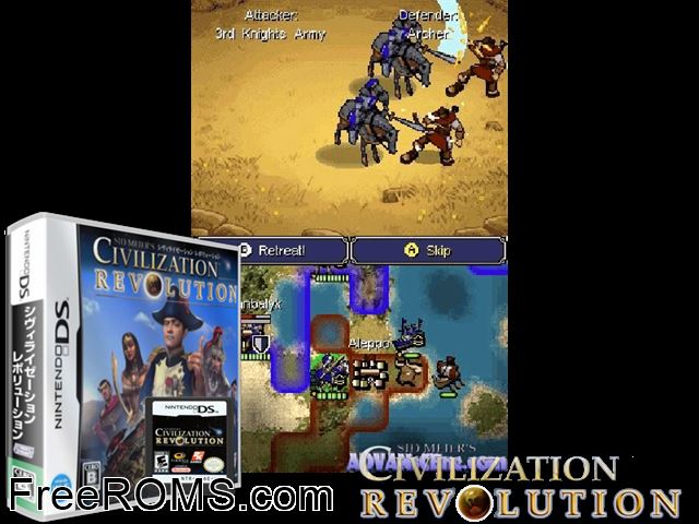 Sid Meiers Civilization Revolution NDS game showing 3D box cover and gameplay screenshot