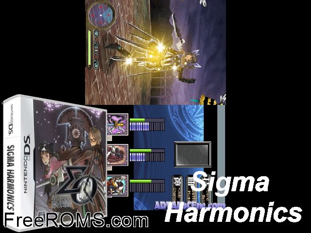 Sigma Harmonics Japan NDS game showing 3D box cover and gameplay screenshot