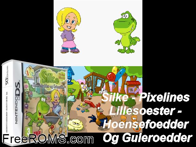 Silke - Pixelines Lillesoester - Hoensefoedder og Guleroedder Europe NDS game showing 3D box cover and gameplay screenshot