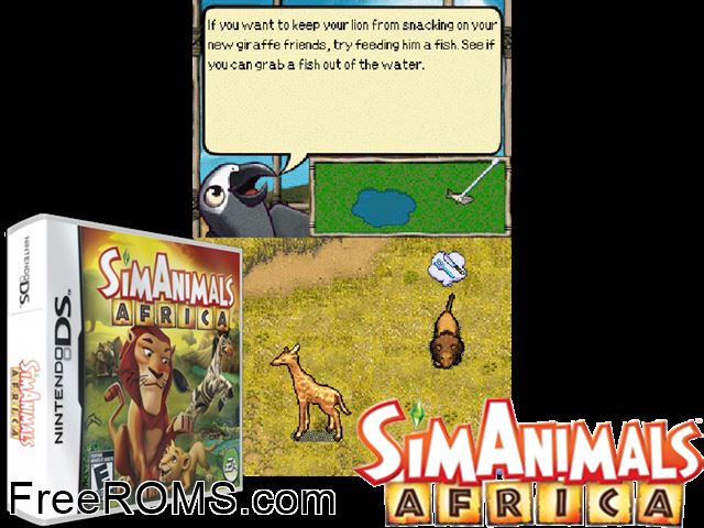 SimAnimals - Africa Europe NDS game showing 3D box cover and gameplay screenshot