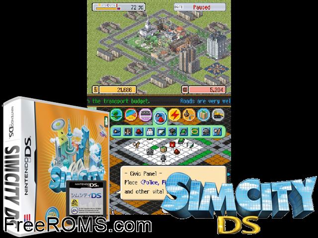 SimCity DS NDS game showing 3D box cover and gameplay screenshot