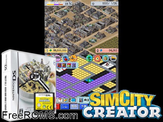 SimCity DS 2 - Kodai kara Mirai e Tsuzuku Machi Japan NDS game showing 3D box cover and gameplay screenshot