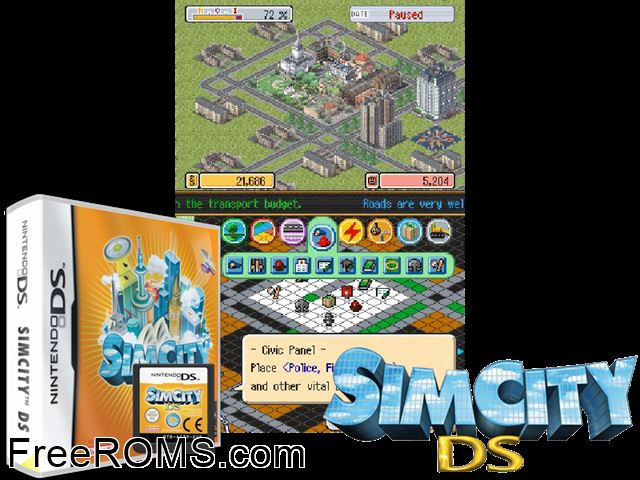 SimCity DS Europe NDS game showing 3D box cover and gameplay screenshot