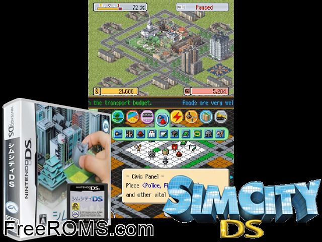 SimCity DS Japan NDS game showing 3D box cover and gameplay screenshot