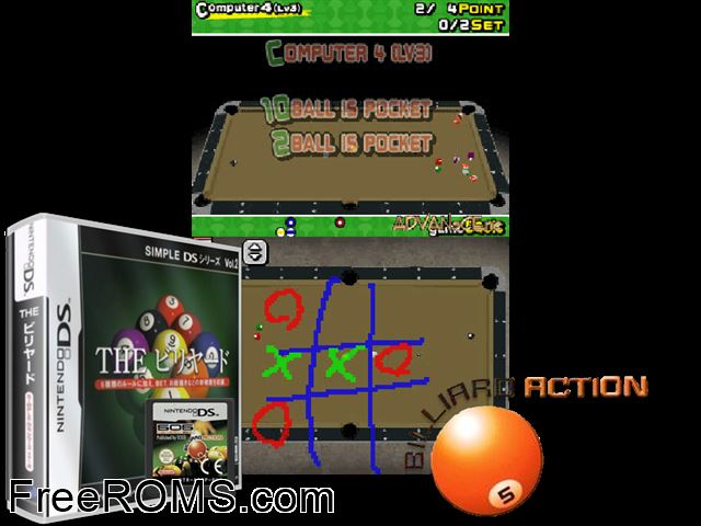 Simple DS Series Vol. 2 - The Billiards Japan NDS game showing 3D box cover and gameplay screenshot