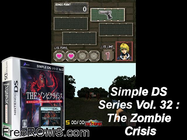 Simple DS Series Vol. 32 - The Zombie Crisis Japan NDS game showing 3D box cover and gameplay screenshot
