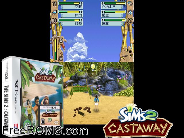 Sims 2 - Castaway, The NDS game showing 3D box cover and gameplay screenshot