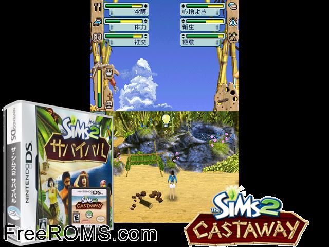Sims 2 - Survival, The Japan NDS game showing 3D box cover and gameplay screenshot