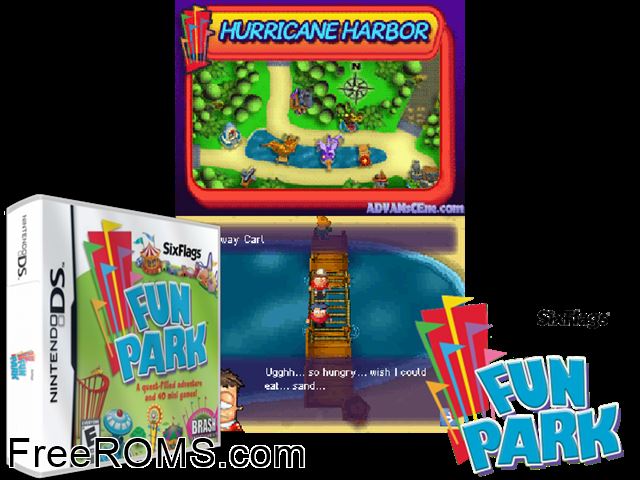 Six Flags - Fun Park NDS game showing 3D box cover and gameplay screenshot