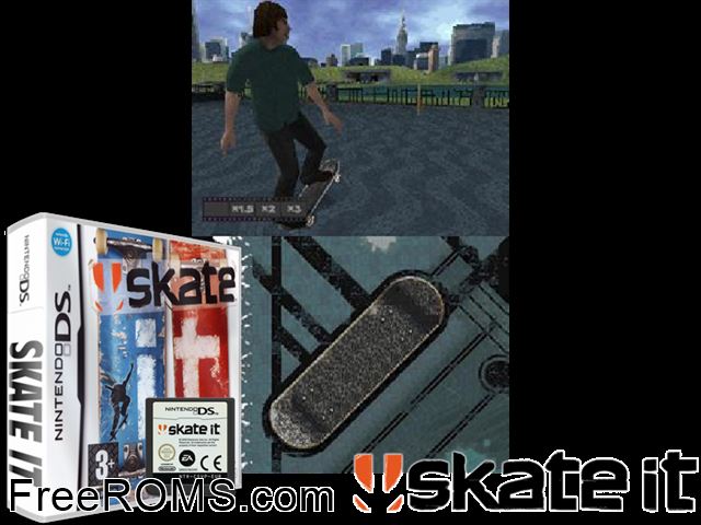 Skate It Europe NDS game showing 3D box cover and gameplay screenshot