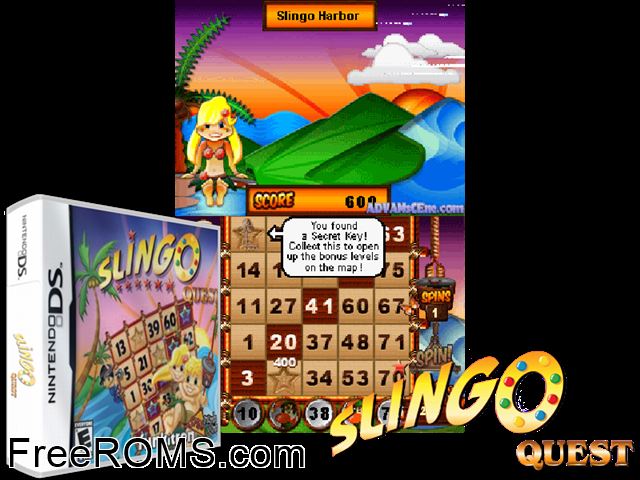 Slingo Quest NDS game showing 3D box cover and gameplay screenshot