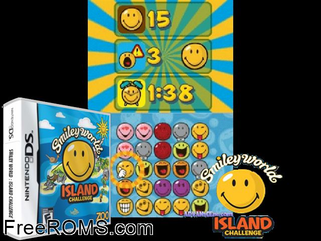 Smiley World - Island Challenge Europe NDS game showing 3D box cover and gameplay screenshot