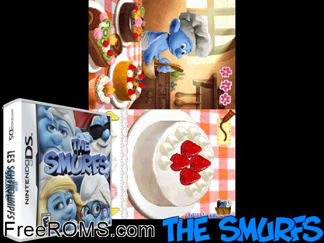Smurfs The Europe NDS game showing 3D box cover and gameplay screenshot