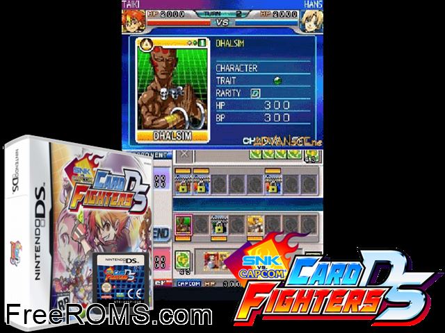 SNK vs. Capcom - Card Fighters DS NDS game showing 3D box cover and gameplay screenshot