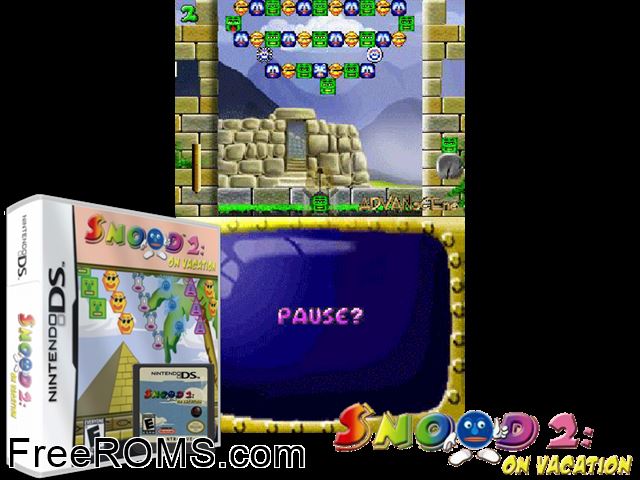 Snood 2 - On Vacation Europe NDS game showing 3D box cover and gameplay screenshot