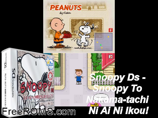 Snoopy DS - Snoopy to Nakamatachi ni Ai ni Ikou! Japan NDS game showing 3D box cover and gameplay screenshot