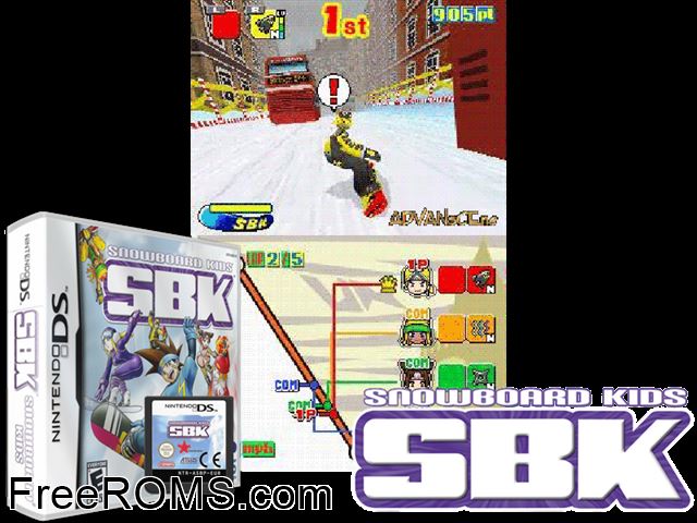 Snowboard Kids - Party Japan NDS game showing 3D box cover and gameplay screenshot