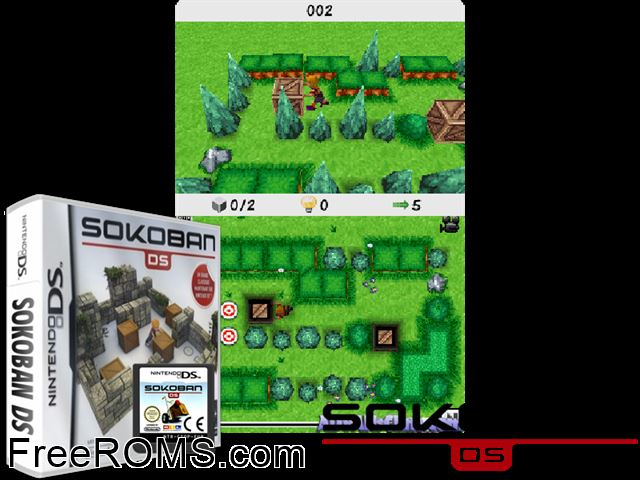 Sokoban DS Europe NDS game showing 3D box cover and gameplay screenshot