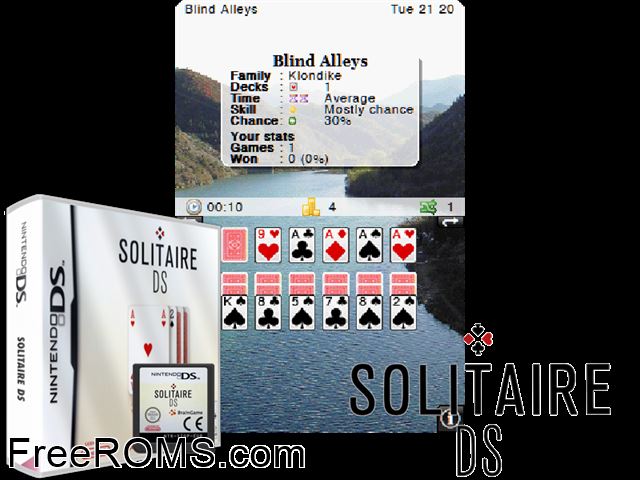 Solitaire DS Europe NDS game showing 3D box cover and gameplay screenshot