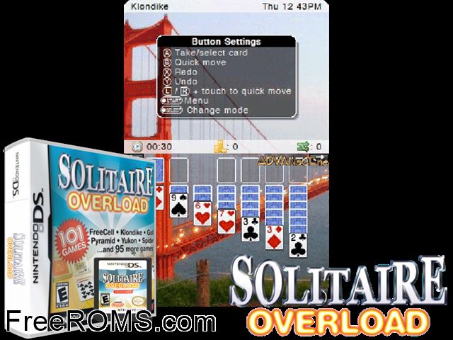Solitaire Overload NDS game showing 3D box cover and gameplay screenshot