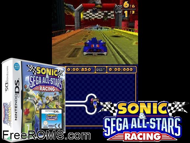 Sonic and Sega All-Stars Racing Europe NDS game showing 3D box cover and gameplay screenshot