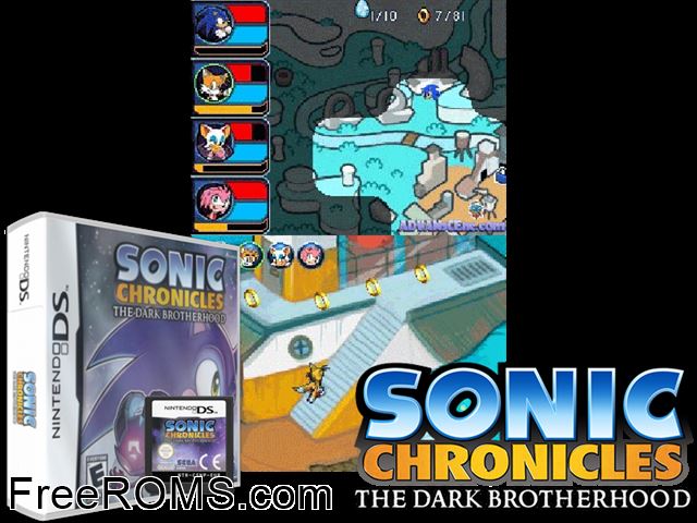 Sonic Chronicles - The Dark Brotherhood NDS game showing 3D box cover and gameplay screenshot