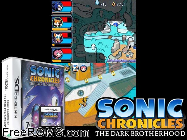 Sonic Chronicles - The Dark Brotherhood Europe NDS game showing 3D box cover and gameplay screenshot