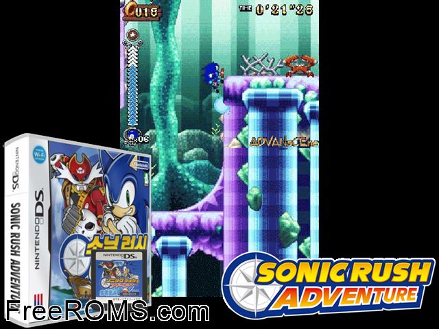 Sonic Rush Adventures NDS game showing 3D box cover and gameplay screenshot