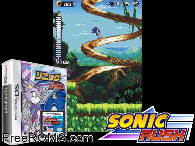 Sonic Rush Japan NDS game showing 3D box cover and gameplay screenshot