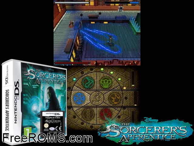 Sorcerers Apprentice, The Europe NDS game showing 3D box cover and gameplay screenshot