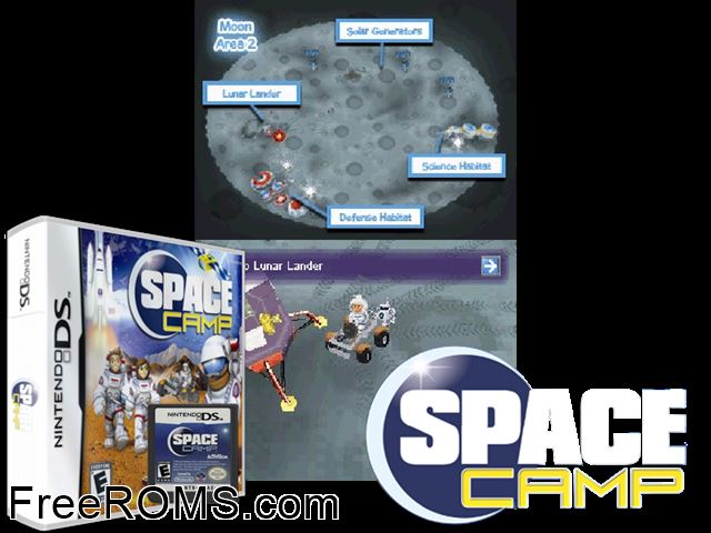Space Camp Europe NDS game showing 3D box cover and gameplay screenshot