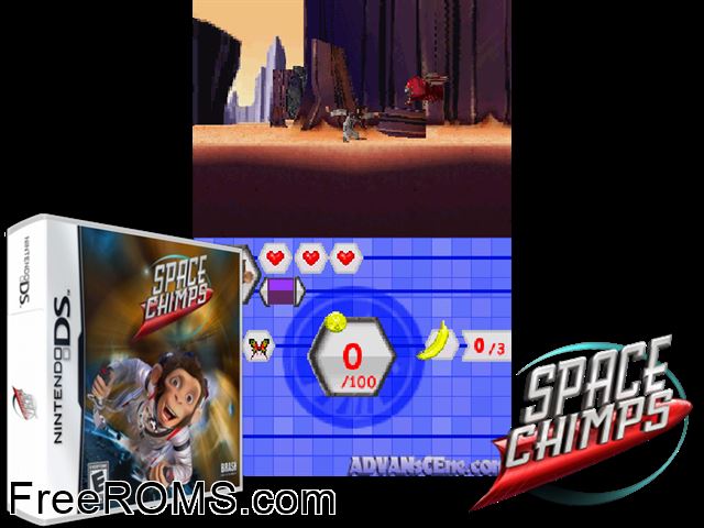 Space Chimps Europe NDS game showing 3D box cover and gameplay screenshot